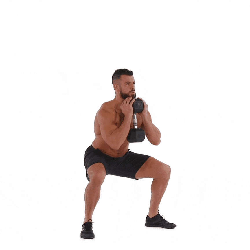 Goblet squat with one dumbbell held at the chest